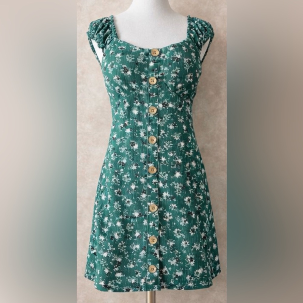 No Boundaries Green Floral Mini Dress Button Front Cottagecore Size M